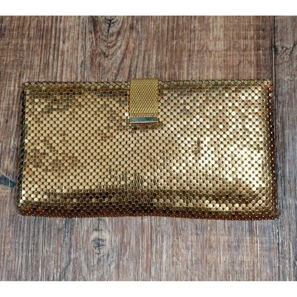 Vintage Whiting and Davis Gold Mesh Tri-Fold Checkbook Bilfold Clutch Metallic